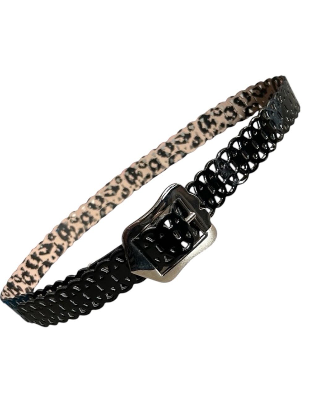 Betsey Johnson Shiny Black Laser Cut Dressy Belt with Silver Tone Buckle Medium